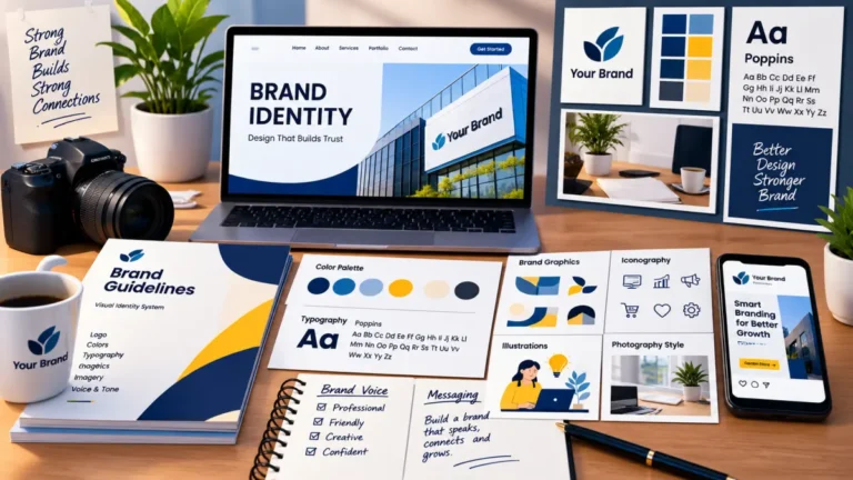 Brand identity design elements including logo, colors, typography and visual branding