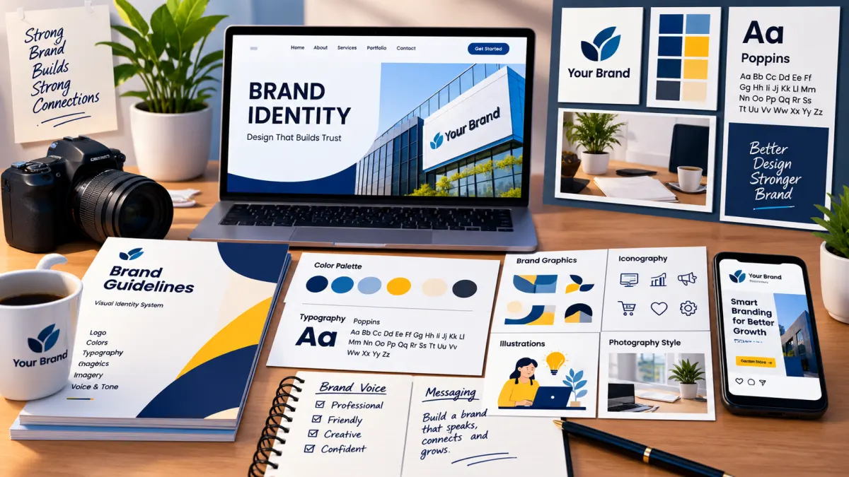 Brand identity design elements including logo, colors, typography and visual branding
